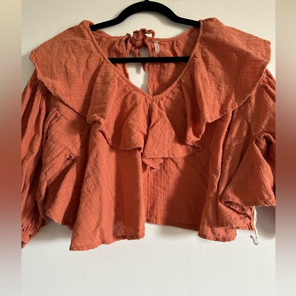 Free People Boho Orange Ginger Spice Zuri Ruffle Open Back Blouse size XS EUC - Picture 10 of 13